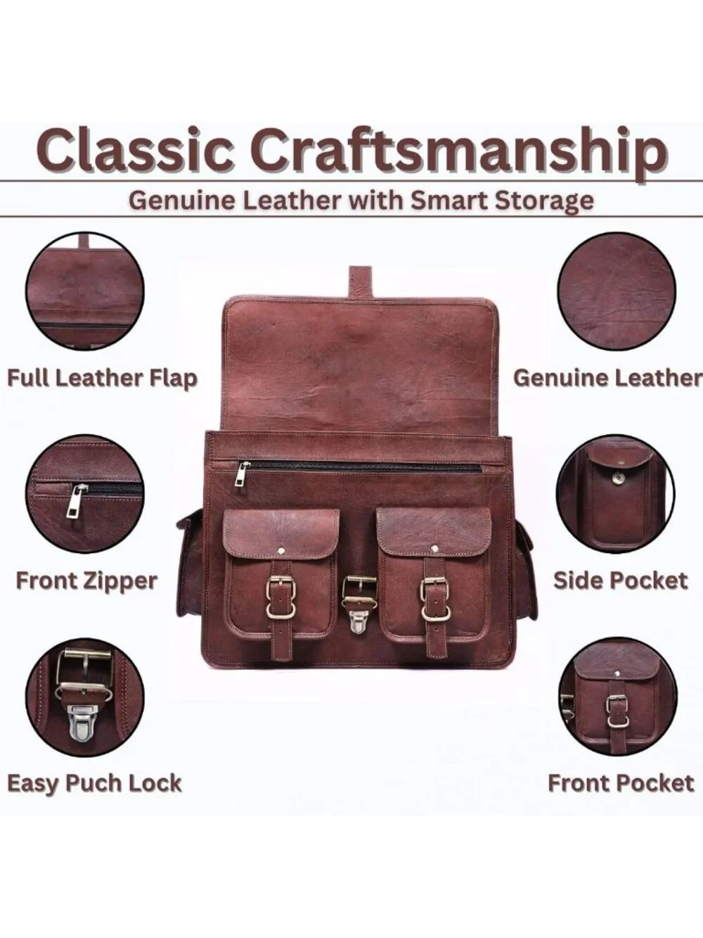 Handmade Vintage Leather Messenger Bag, Adjustable Crossbody Laptop Briefcase